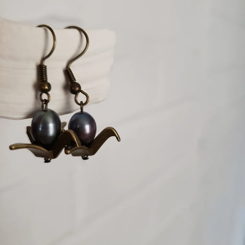 Handmade Bronze Japanese Crane & Antique Purple Fresh Water Pearl Earrings